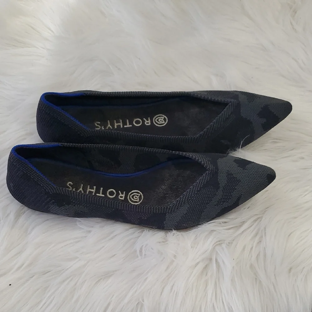 Rothy's The Point  Gray Camo  Flats with Sleek Pointed Toe and Blue Trim - Picture 4 of 16